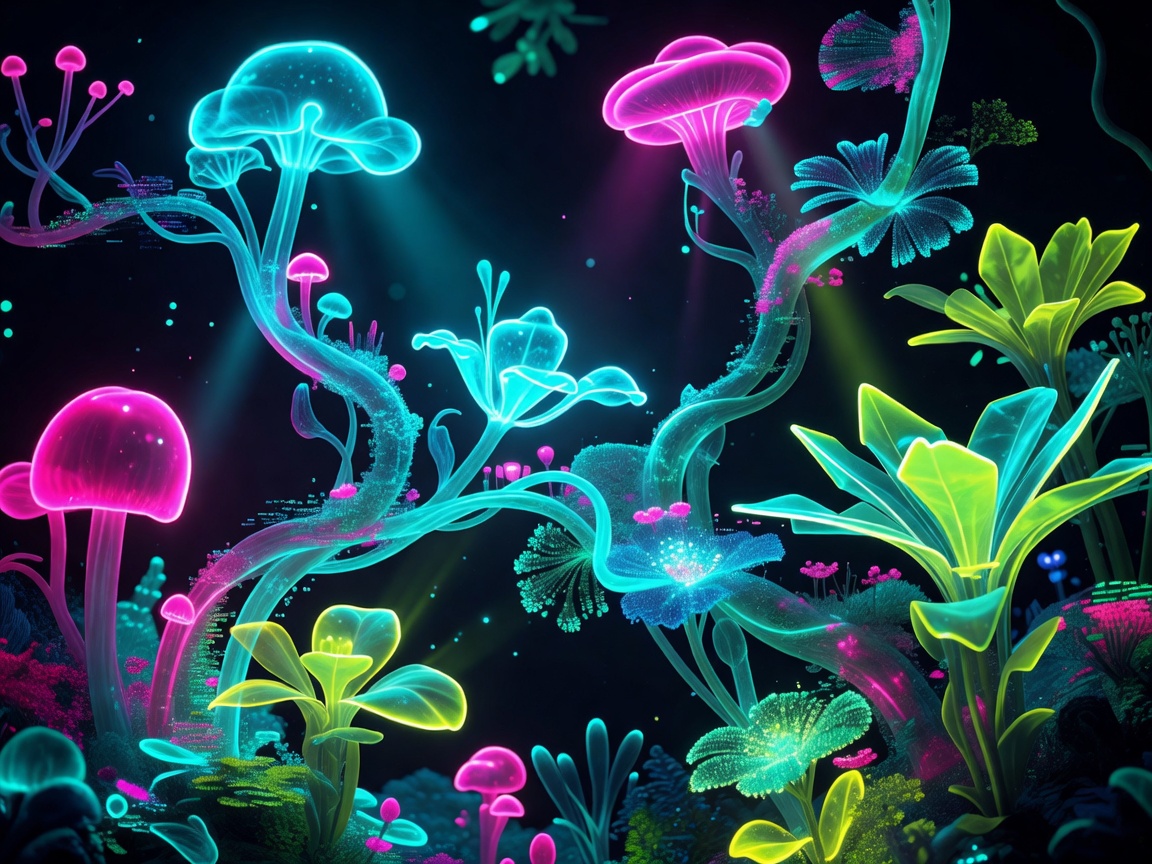 An abstract artistic rendering of mystical biological neon plants and flowers shimmering inside a digital laboratory greenhouse format
