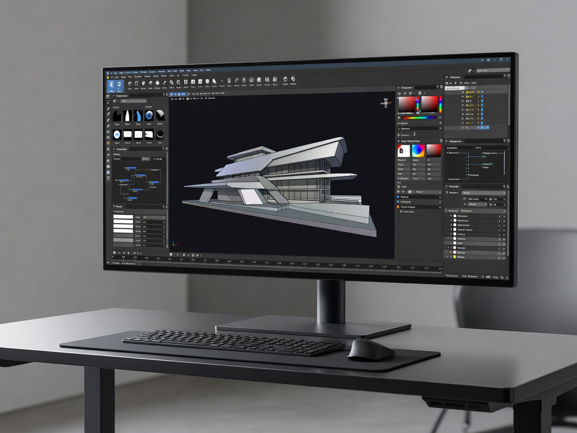 A sleek futuristic designer's desk with an immersive screen showcasing intricate architectural software designs for virtual greenhouses