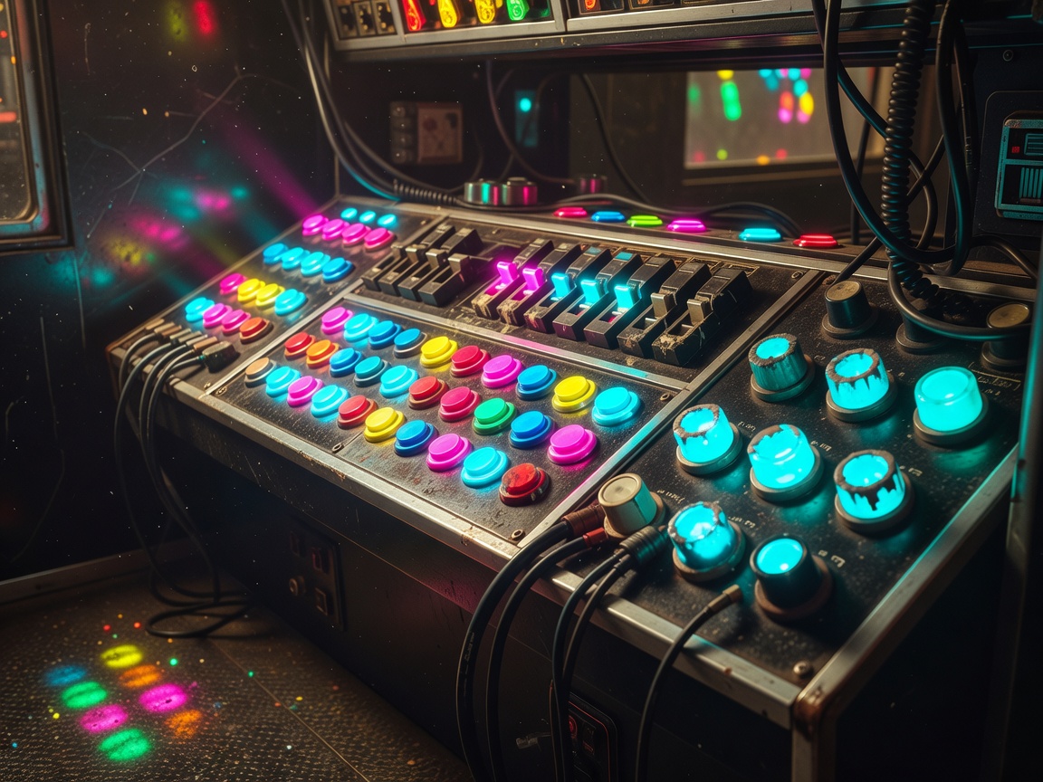 A close-up aesthetic view of classic vintage retro physical arcade gaming cabinet controller buttons glowing under cyber punk neon lighting