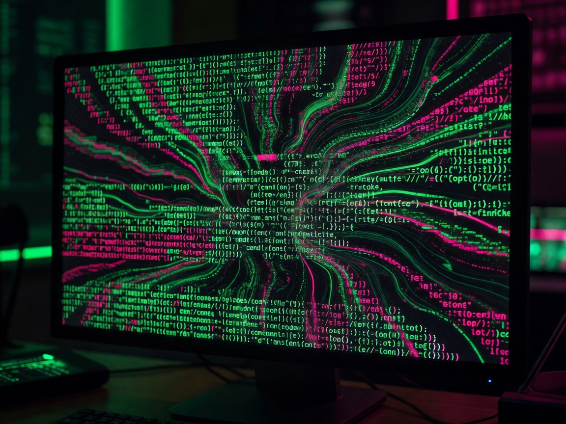 A computer monitor screen displaying lines of custom programmatic source code illuminated in radiant biological green and magenta neon hues